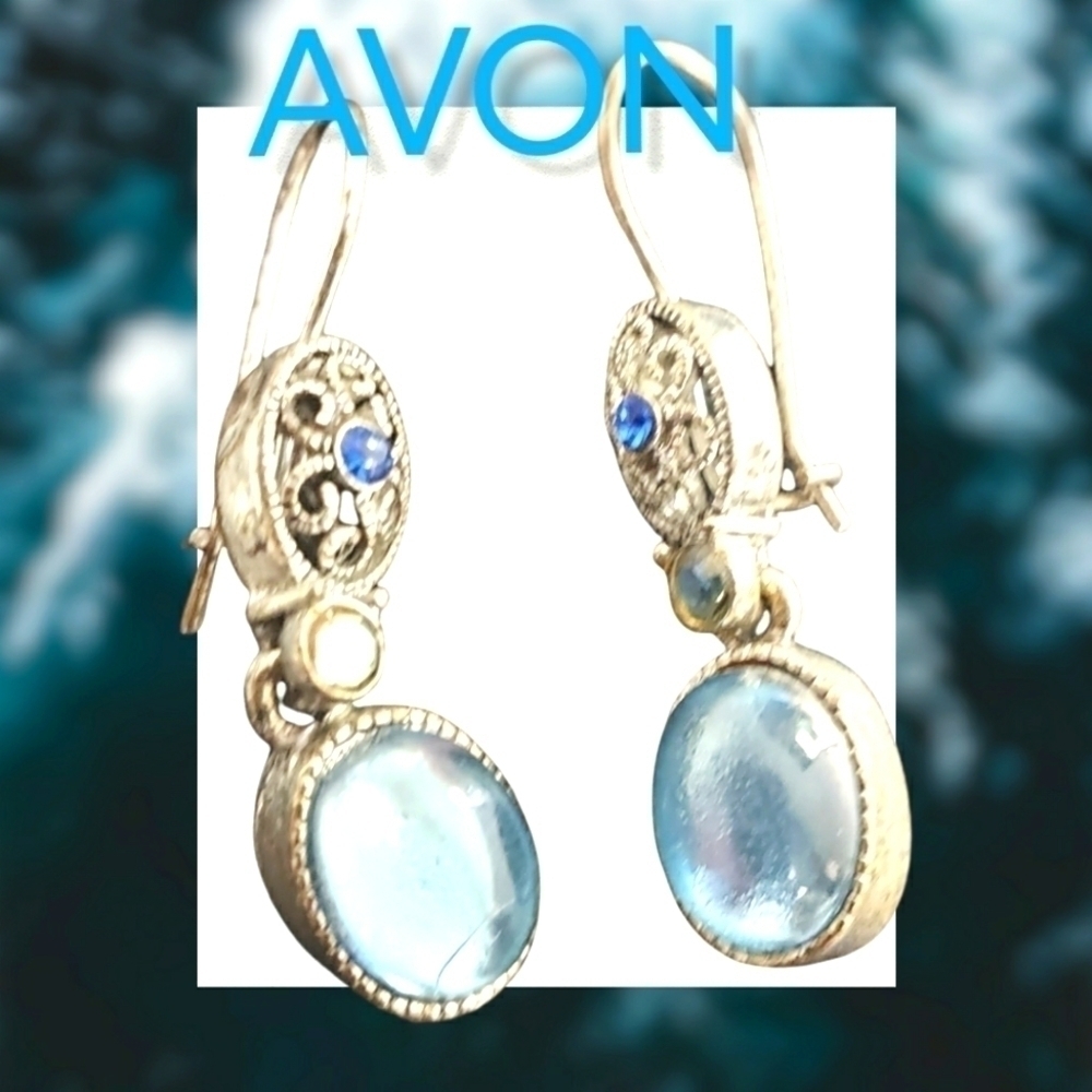 Vintage Avon Earrings Blue Moonstone& Silver & Sapphire Hook